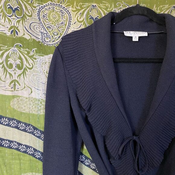 St. John Collection Wool Blend Santana Knit Black Long Ruffled Cardigan Size 4 - Picture 3 of 16